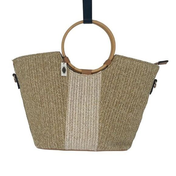 Be Dazzled Womens 2-Way Two-Tone Round Bamboo Handle Straw Satchel Bag NWT - Picture 2 of 9